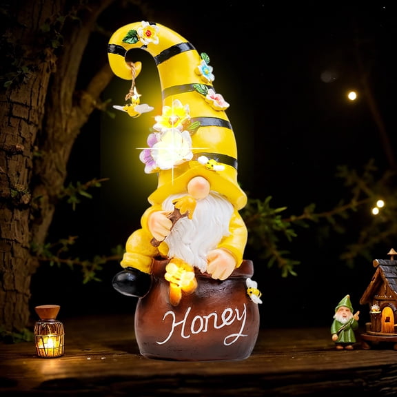 Garden Gnome Statue With Solar Lights Funny Bee Design Large Outdoor Sculpture For Patio Lawn Yard Garden Decor