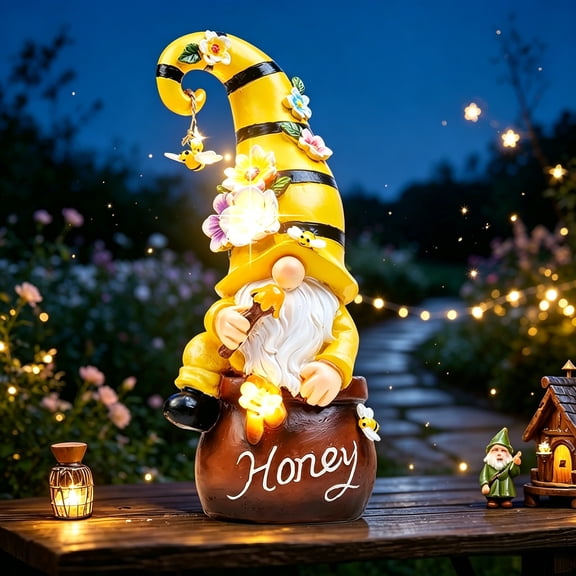 13" Solar Garden Gnome Statue, Spring Decor with LED Lighted Bee, Funny Outdoor Sculpture for Patio Yard Lawn