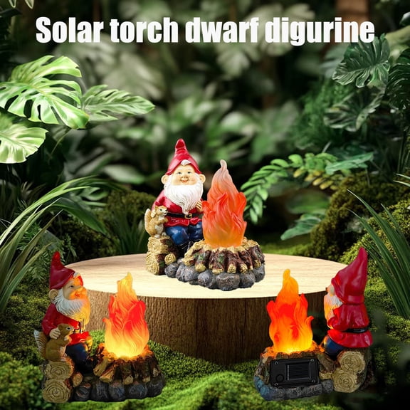 Garden Gnome Statue with Campfire and Squirrel Figurine for Outdoor Patio Lawn Yard Decoration Resin Ornament