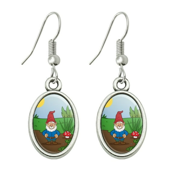 Garden Gnome with Toadstools Novelty Dangling Drop Oval Charm Earrings
