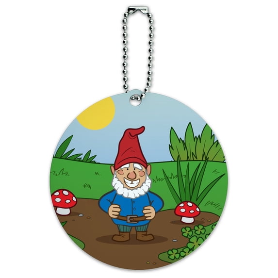 Garden Gnome with Toadstools Round Luggage ID Tag Card Suitcase Carry-On