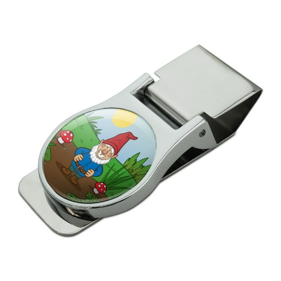 Garden Gnome with Toadstools Satin Chrome Plated Metal Money Clip