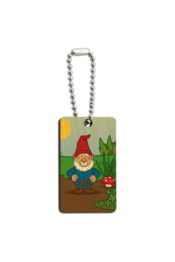 Garden Gnome with Toadstools Wood Wooden Rectangle Keychain Key Ring