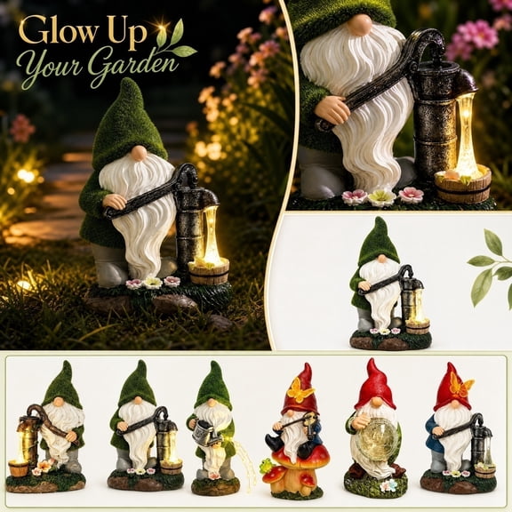 Garden Gnomes Decor with Solar Lights, 7.2*4.5 Outdoor Solar Garden Statues, Great Gift for Women (B)