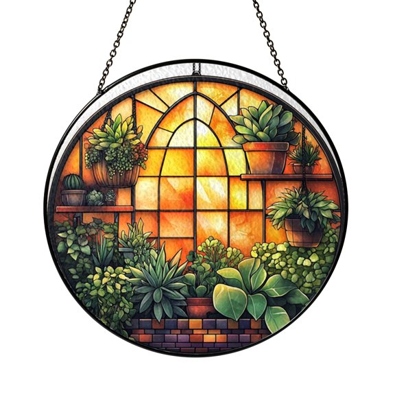 Garden Greenhouse Stained Glass Style Suncatcher Panel, Decorative Botanical Window Hanging Art, Floral Plant Inspired Glass Ornament for Indoor Garden Decor