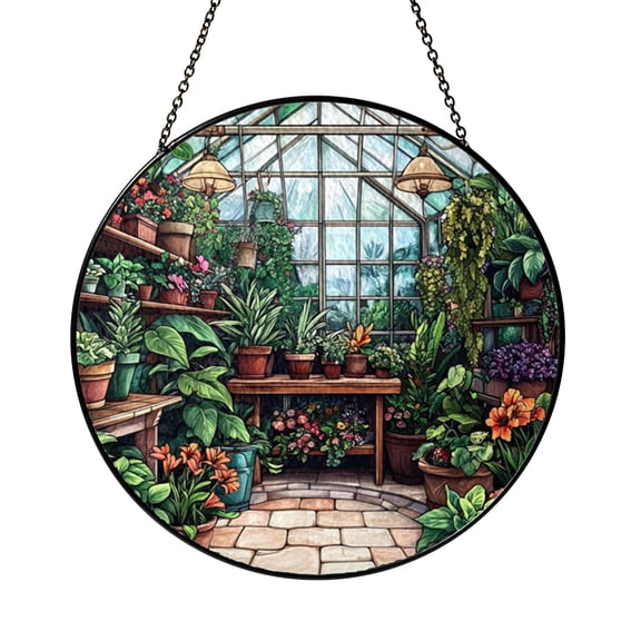 Garden Greenhouse Stained Glass Style Suncatcher Window Hanging Decor, Rectangular Plant Decorative Glass Panel Art for Botanical Window Decoration, Nature Inspired Garden Ornament