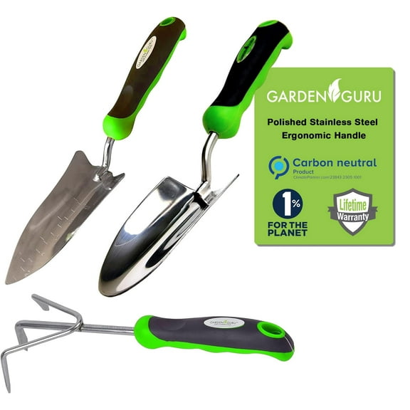 Garden Guru Garden Tool Set 3pc Hand Trowel Transplanter Cultivator – Heavy Duty Rust Resistant Stainless Steel - Ergonomic Comfort Grip Handle – Perfect Gardening Tool Kit Gifts for Women & Men