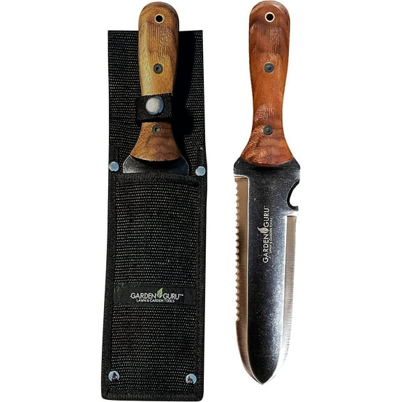 Garden Guru Hori Hori Gardening Knife for Weeding Digging Pruning & Cultivating - Stainless Steel Full Tang Blade Walnut Wood Handle Marks for Measuring Planting Depth Nylon Sheath for Storage