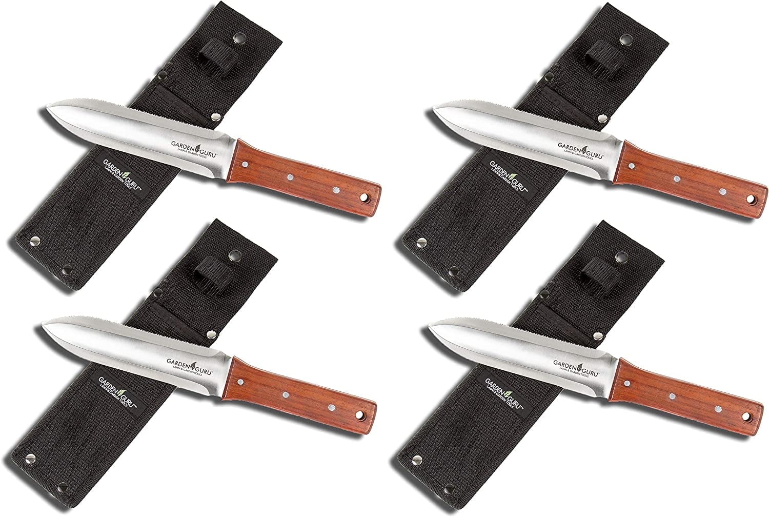 Garden Guru Hori Hori Knife Set for Weeding, Pruning, and More, Full Tang Knife Garden Blade Marks for Measuring, Nylon Sheath (4 Pack)