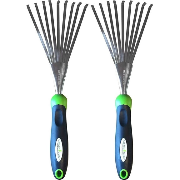 Garden Guru Stainless Steel Hand Rake Soil Tiller With Ergonomic Handle, Great for Gardening, Cultivating, Loosening Soil & Spreading Mulch (2 Pack)