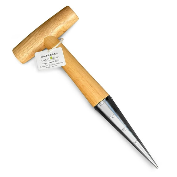 Garden Guru Steel Dibber Planter Tool MVR1for Planting Seeds & Bulbs - High Carbon Steel & Comfortable Wood Carved Handle - for Consistent Planting Flowers Tulips, Daffodils, Dahlias