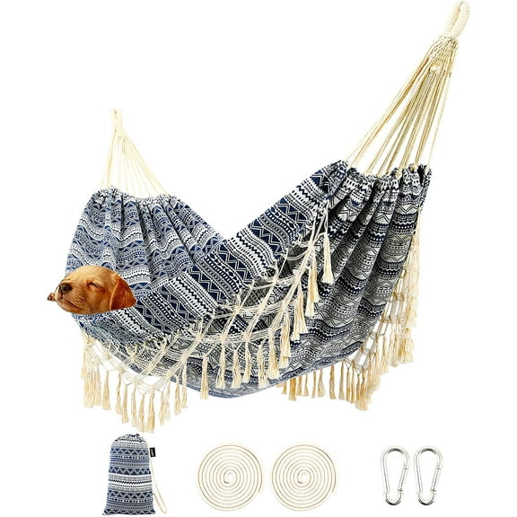 Garden Hammock with Tassels, 2 Persons Indoor Hammocks with Portable Carry Bag Deluxe Macrame Fringe for Patio, Porch, Backyard, Beach, Outdoor and Inside Cotton Fabric, Up to 450Lbs (Blue-White)