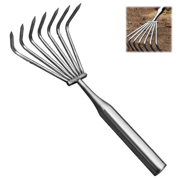 Garden Hand Rake, 5/7 Tines Stainless Steel Garden Rake with Ergonomic Wood Handle for Clearing Leaves and Loose Debris in Flower Bed and Around Plants