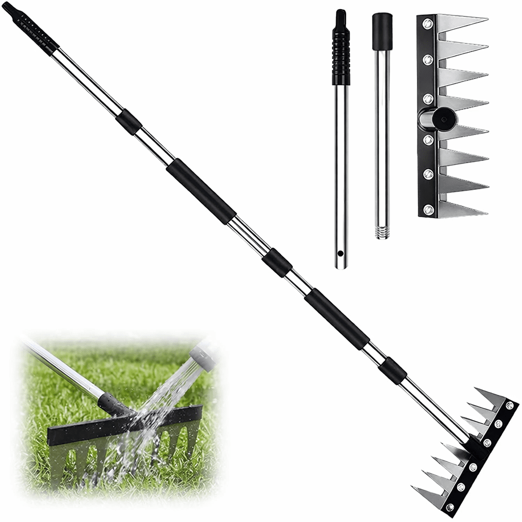 Garden Hand Rake 8-Teeth Carbon Steel with Telescopic Handle 16-65 Inches, No Bending Lawn Yard Patio Cleaning Tool, Elderly Friendly Gardening Rake for Leaf Debris Removal