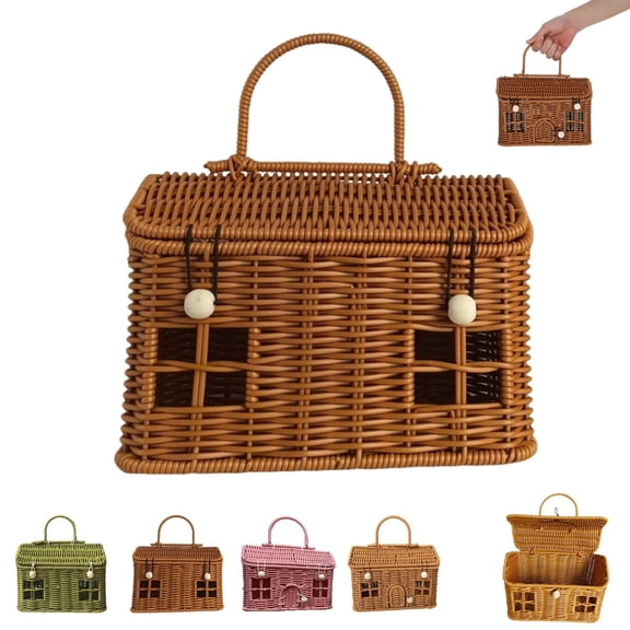 Garden Harvest Basket, Portable Mini Willow Picnic Storage Basket with Lid, Button Closure Wicker Suitcase for Organizing,Container Cute Imitation Craft Beautifully