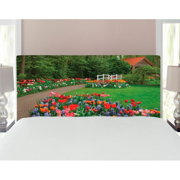 Garden Headboard, Spring Garden with Forest Hut Small Bridge Plants Flowerbedsnd Walkway, Upholstered Decorative Metal Bed Headboard with Memory Foam, Full Size, Green and Purple, by Ambesonne