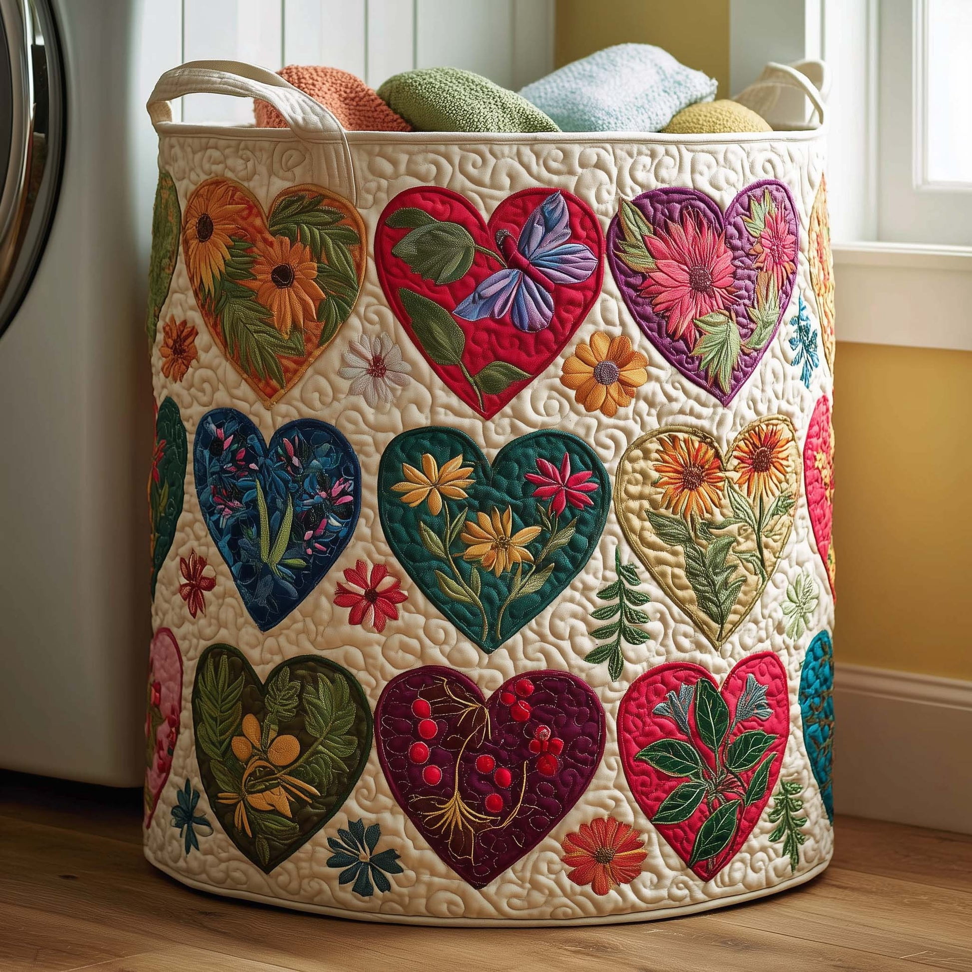 Garden Hearts Quilted Laundry Basket, Storage Bin Laundry Basket Fabric, House Storage Hamper, Mother Day's Gift Ideas