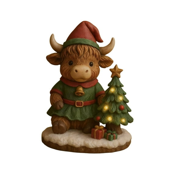 Garden Highland Cow Statue Light Up Indoor Outdoor Resin Decor with Xmas Tree Decor Birthday Gifts for Women Mom for Yard Garden Patio Lawn Ornaments