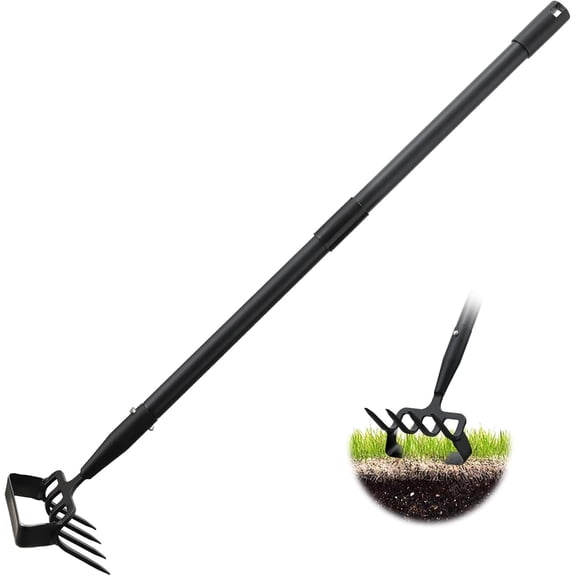 Garden Hoe, 4 Tines Hand Weeding Hoe Garden Tool and Cultivator Long Handle 62", Action Stirrup Scuffle Field Digging Hoe Heavy Duty for Lawn Gardening Weed