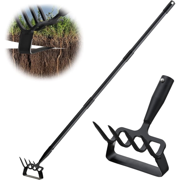 Garden Hoe, Cultivator Stirrup Hoe Garden Tool for Weeding, 73 Inch Heavy Duty Hula Hoe with Adjustable Long Handle, Scuffle Loop Hoe with Rake 2-in-1 Gardening Tool for Loosening Pulling Weed
