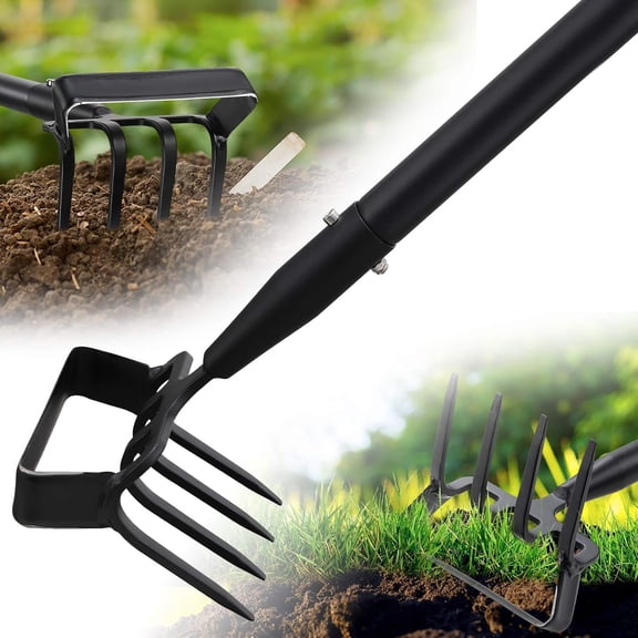 Garden Hoe With Rake, 2-In-1 Stirrup Hoe with 4-Tine Cultivator,Heavy Duty 82 Inch Long Handle Scuffle Loop Hoe For Fast Weeding, Soil Loosening ,Flower Beds, Vegetable Rows, Raised Beds