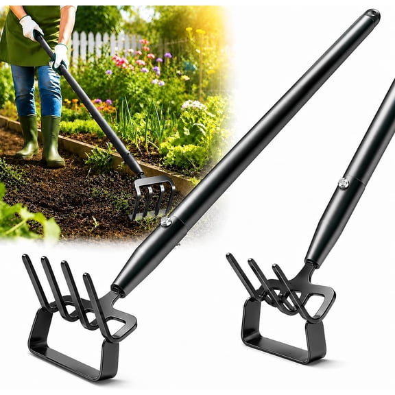 Garden Hoe with Rake, 37-82" Adjustable Long Handle Stirrup Weeder Hoe & 4-Tine Cultivator, Heavy Duty Scuffle Loop Hoe for Fast Weeding, Soil Loosening, Flower Beds, Vegetable Gardens