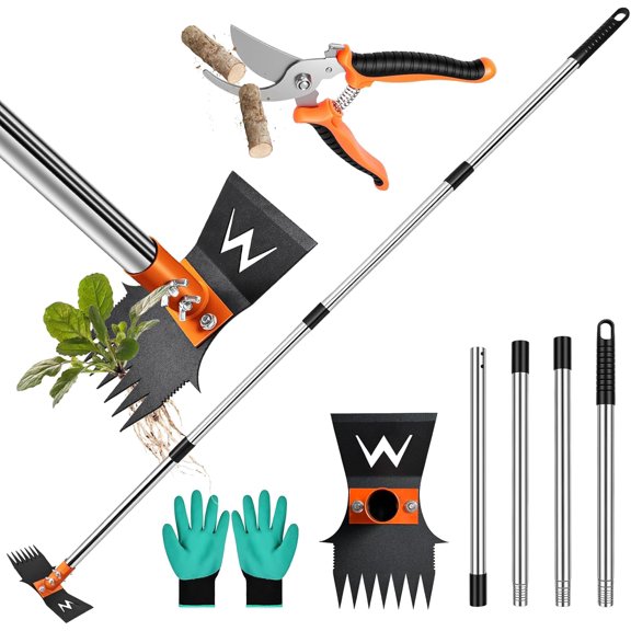 Garden Hoe & Weed Puller Tool with Long Handle, 60 Inch,Manual Remover Tool, 3-in-1 Rake Grabber Pruning Shears, Dandelion Gardenia Heavy Duty Uprooting for Yard, Lawn and
