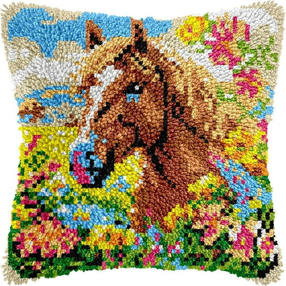 Garden Horse Latch Hook Pillow Kits DIY Pillowcase Cushtion Cover Crochet Hooking Pillow Making Kits with Color Pattern Canvas Crochet Hooking Kits Pillow 43x43cm(b151)