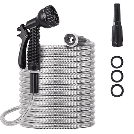 Garden Hose 100 FT,304 Stainless Steel Heavy Duty Water Hose with 7 Function Nozzles No-Kink Rust Proof for Yard Outdoor