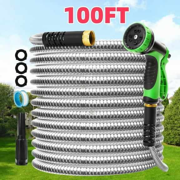 Garden Hose 100 ft, Stainless Steel Water Hose with 10 Function Nozzle Flexible, Heavy Duty, Lightweight, No-Kink, Pet Proof, Puncture Proof Hose Metal for Yard, Outdoor