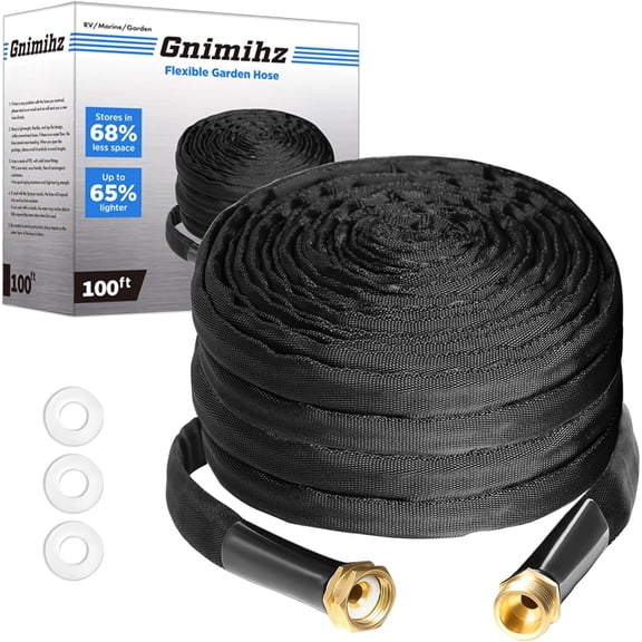 Garden Hose 100ft, Made of TPE(Not PVC), Ultra-Light & Flexible Water Hose with Solid Brass Fittings, Non-Shrinking, Easy to Storage, Drinking Water Safe Material, All-weather, Black, Newbox
