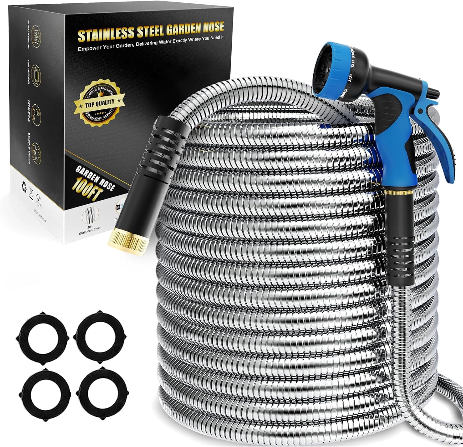 Garden Hose 100ft, Metal Garden Hose, Flexible Water Hose with 10 ...