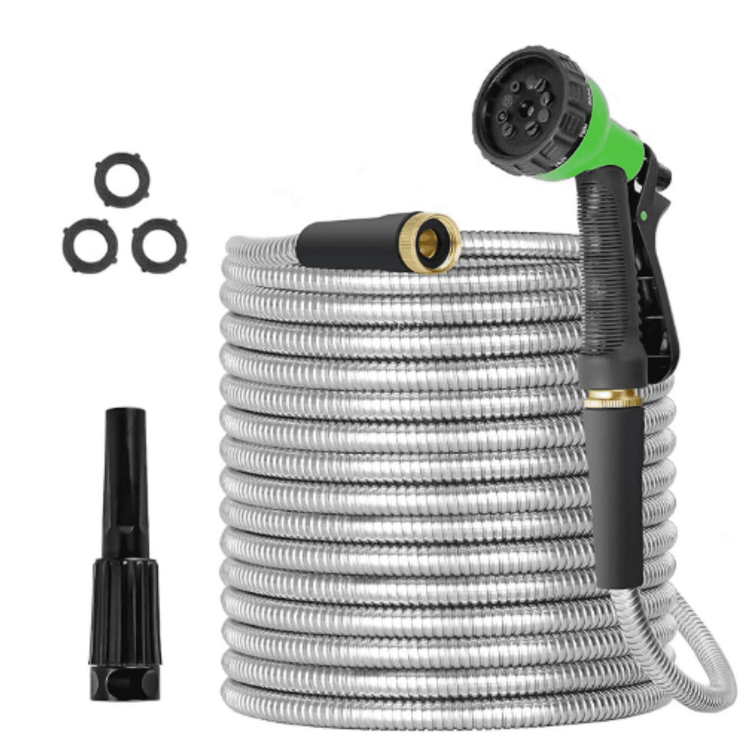 Garden Hose 100ft Stainless Steel Water Hose Super Tough Flexible Water Pipe with Brass Fittings and Sprayer Nozzle, No Kink, Rust Proof