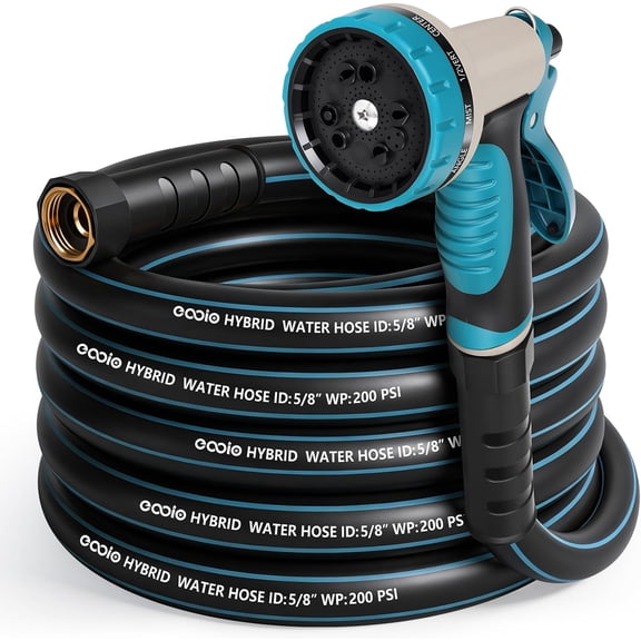 Garden Hose 25 ft x 5/8" with Nozzle, Water Hose Heavy Duty Flexible, Lightweight Kink-less Hybrid Hose with Swivel Handle, Male to Female Fittings