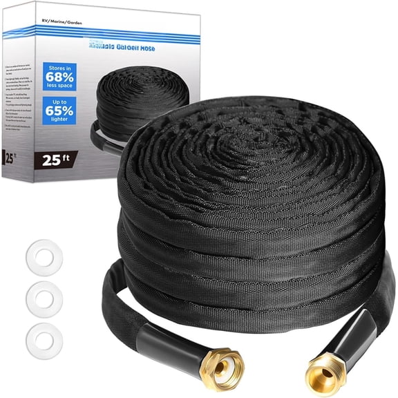 Garden Hose 25ft, Made of TPE(Not PVC), -Light & Flexible Water Hose with Solid Brass Fittings, Non-Shrinking, Easy to Storage, Drinking Water Safe Material, -weather, Black, Newbox