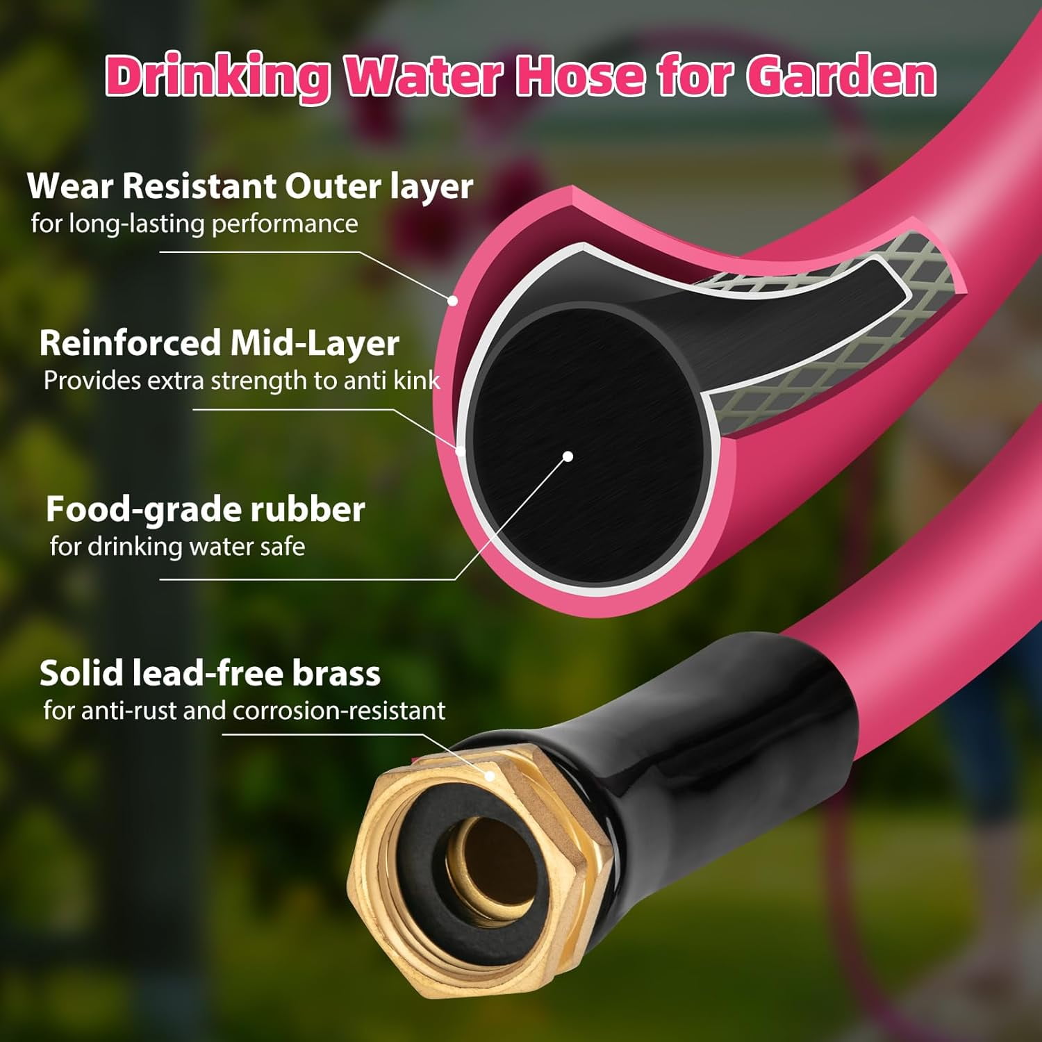Garden Hose 5/8 in x 25 ft, Heavy Duty  Anti-Kink Flexible Water Hose for Drinking Safe  All-Weather Lightweight