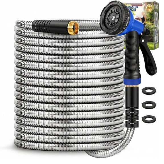Garden Hose 50 ft, Heavy Duty Stainless Steel Garden Hose – Flexible Water Hose with 10 Function Nozzles, Kink Free, Leak-Proof, Lightweight for Yard, Lawn, RV, Car Wash