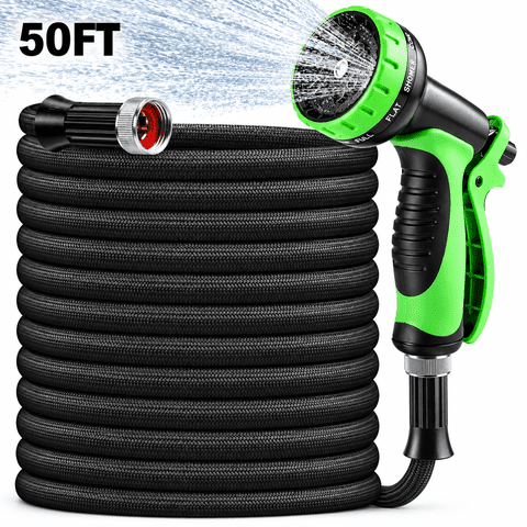 Garden Hose 50ft Non-Expandable Lightweight Flexible Water Hose, Kink-Free Leak-Proof with 10-Function Spray Nozzle for Yard Lawn Car Wash