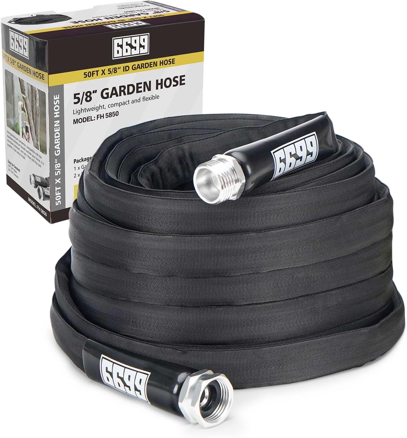 Garden Hose 50FT x 5/8” Flexible Lightweight Garden Flat Water Pipe with 3/4”Solid Fittings for Watering Flowers/Lawns Car Wash Pet Washing