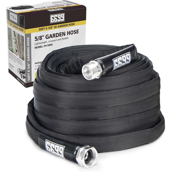 Garden Hose 50FT x 5/8 Flexible Lightweight Garden Flat Water Pipe with 3/4Solid Fittings for Watering Flowers/Lawns Car Wash Pet Washing