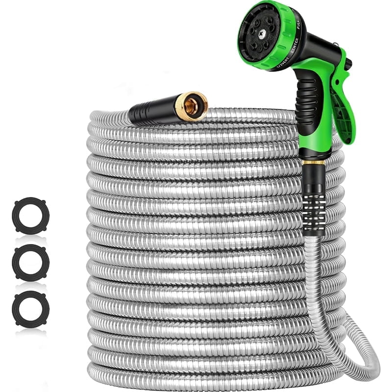 Garden Hose 50ft, Heavy Duty Stainless Steel Water Hose with 10 Functional Nozzles, No Kink, Lightweight and Flexible, Easy to Use and Store, Strong and Sturdy, Suitable for Yard and Lawn