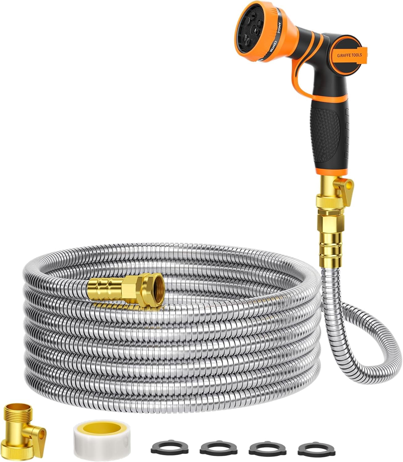 Garden Hose 50ft x 5/8", 304 Stainless Steel Metal Water Hose, No Kink Garden Water Hose with 9 Pattern Spray Nozzle, Flexible, Lightweight, Kink Free Hose for Yard, Outdoor
