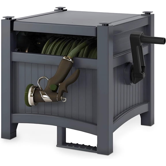 Garden Hose Hideaway Storage Reel Box, Cyberspace Grey – Resin Outdoor Container, Holds up to 100 Feet of 5/8 Inch Standard Vinyl Water Line – No Assembly Required