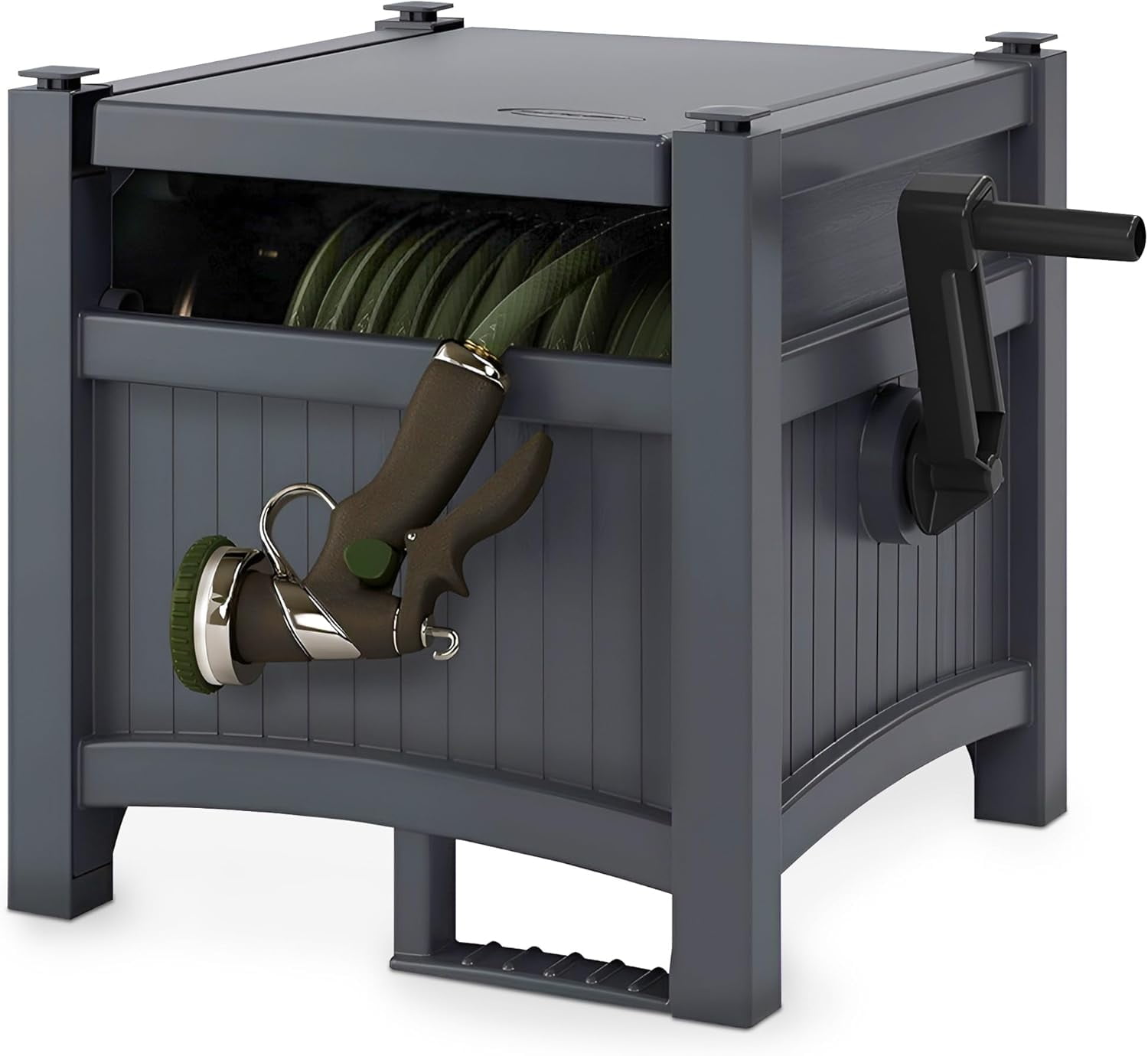 Garden Hose Hideaway Storage Reel Box, Cyberspace Grey – Resin Outdoor Container, Holds up to 100 Feet of 5/8 Inch Standard Vinyl Water Line – No Assembly Required