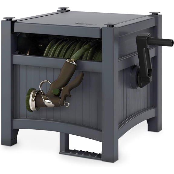 Garden Hose Hideaway Storage Reel Box, Cyberspace Grey  Resin Outdoor Container, Holds up to 100 Feet of 5/8 Inch Standard Vinyl Water Line  No Assembly Required