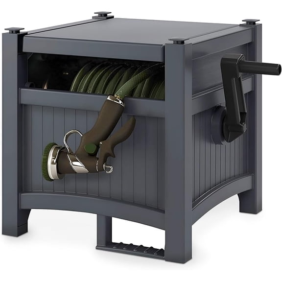 Garden Hose Hideaway Storage Reel Box, Cyberspace Grey – Resin Outdoor Container, Holds up to 100 Feet of 5/8 Inch Standard Vinyl Water Line – No Assembly Required