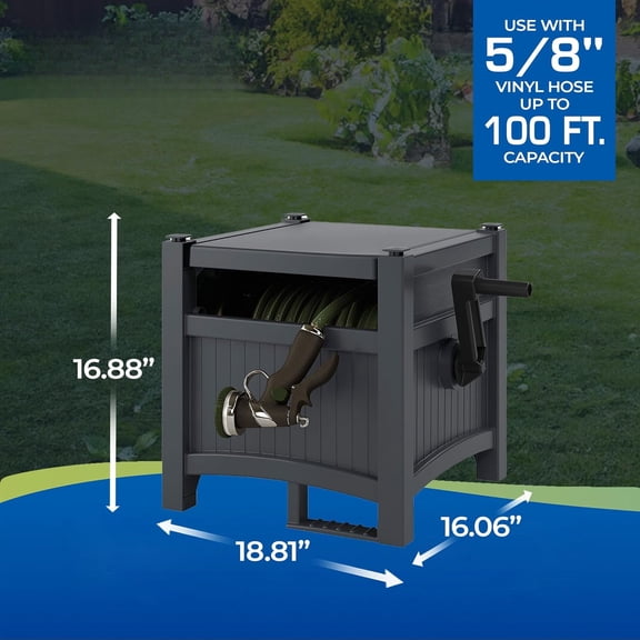 Garden Hose Hideaway Storage Reel Box, Resin Outdoor Container, Holds up to 100 Feet of 5/8 Inch Standard Water Line – No Assembly Required-Cyberspace