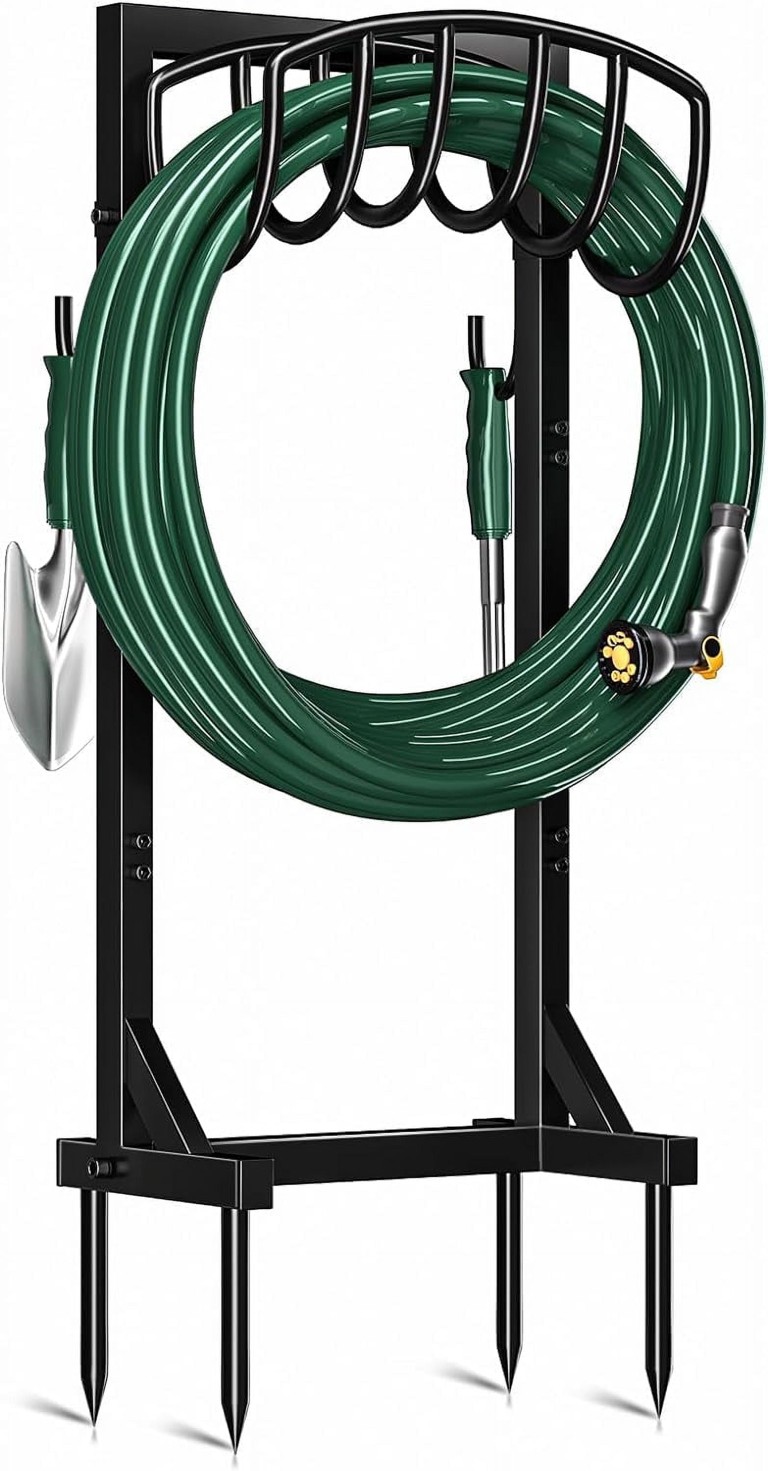 Garden Hose Holder with 4 Spikes & 2 Tool Hooks, Freestanding Water Hose Stand Heavy Duty 2 Hooks Metal Garden Hose Storage Hose Reel Rack for Outside
