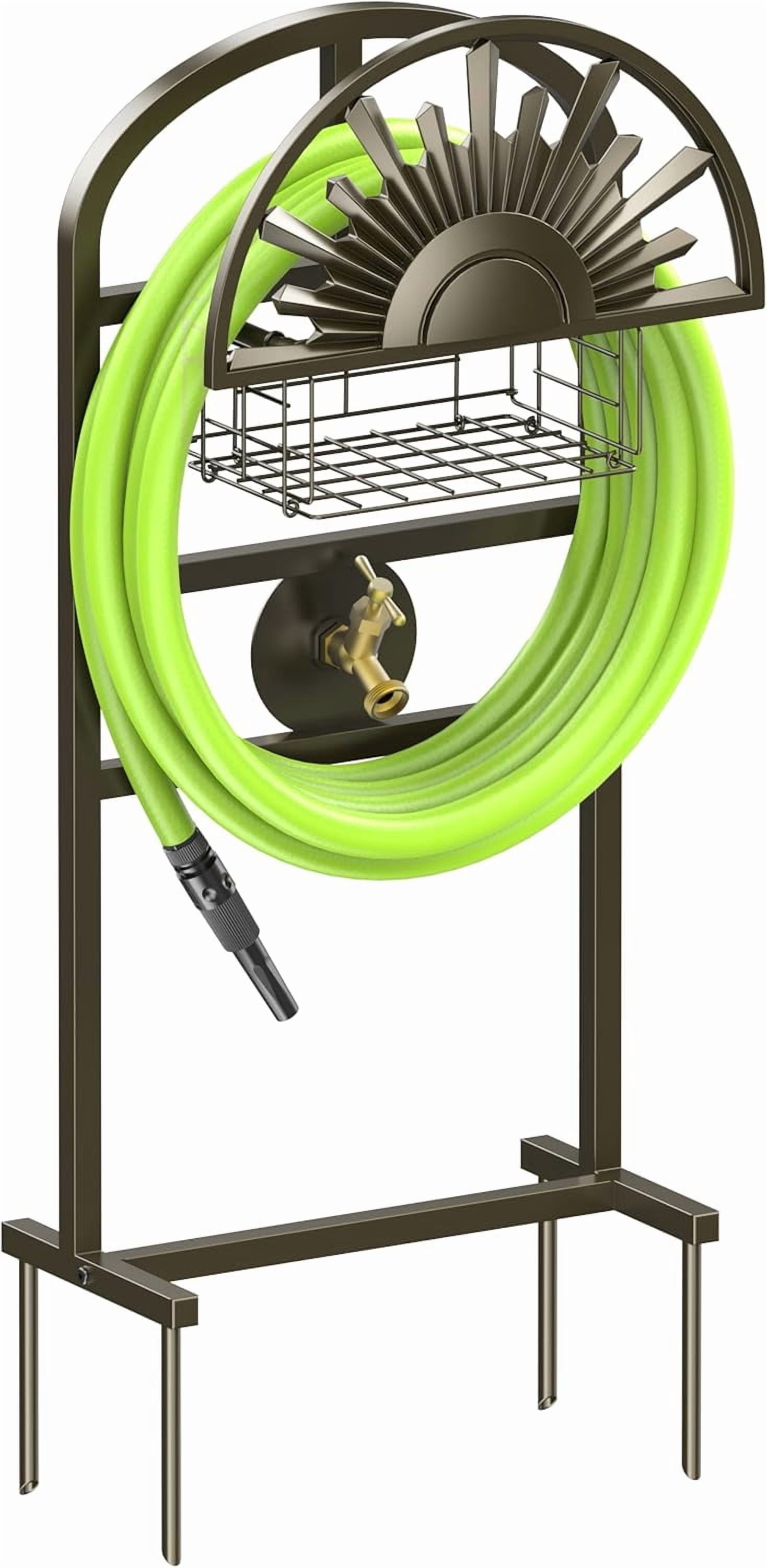 Garden Hose Holder with Brass Faucet, Freestanding Water Hose Stand with Storage Basket, Detachable Heavy Duty Hose Reel Hanger Holds 150-Feet Hose for Outside Patio Yard Lawn