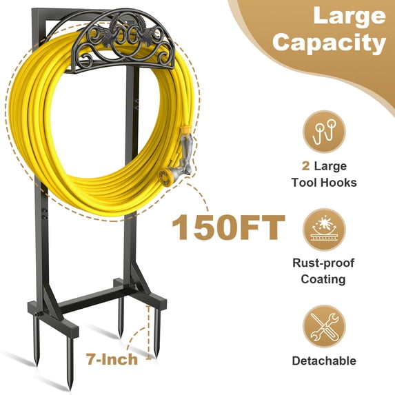 Garden Hose Holder, Freestanding Water Hose Reel with 4 Spikes & 2 Tool Hooks, Heavy Duty Garden Organized Hanger for Outside Yard Lawn